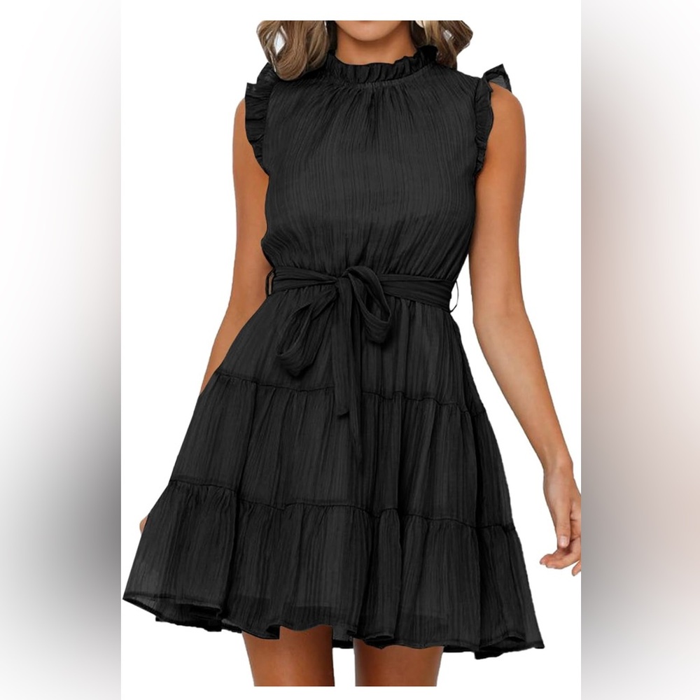 XL Sleeveless Ruffle Waist Tie Casual Tiered Mini Swing Dress- NO BELT
